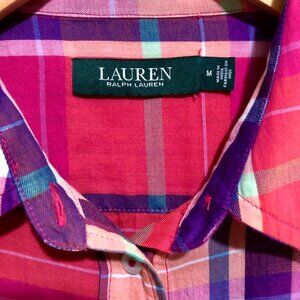 Lauren Ralph Lauren Womens M Pink Plaid Button Down Shirt Cotton Comfortable